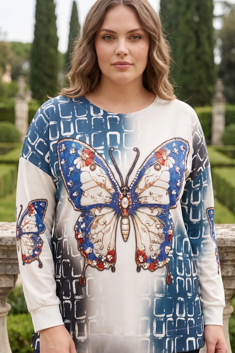 Butterfly T-shirt on an AI model in a garden