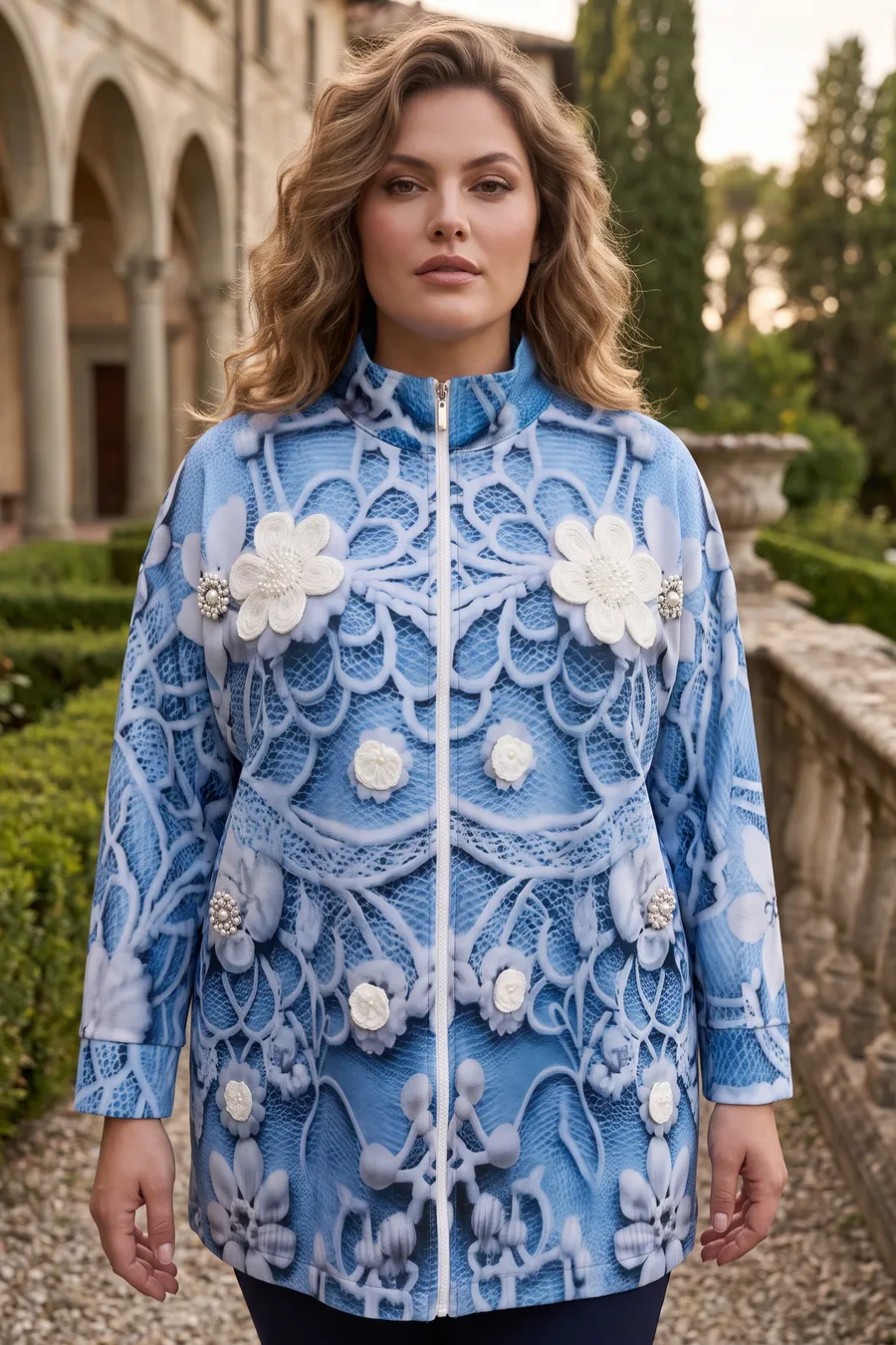 Blue embroidered jacket on an AI model in a garden