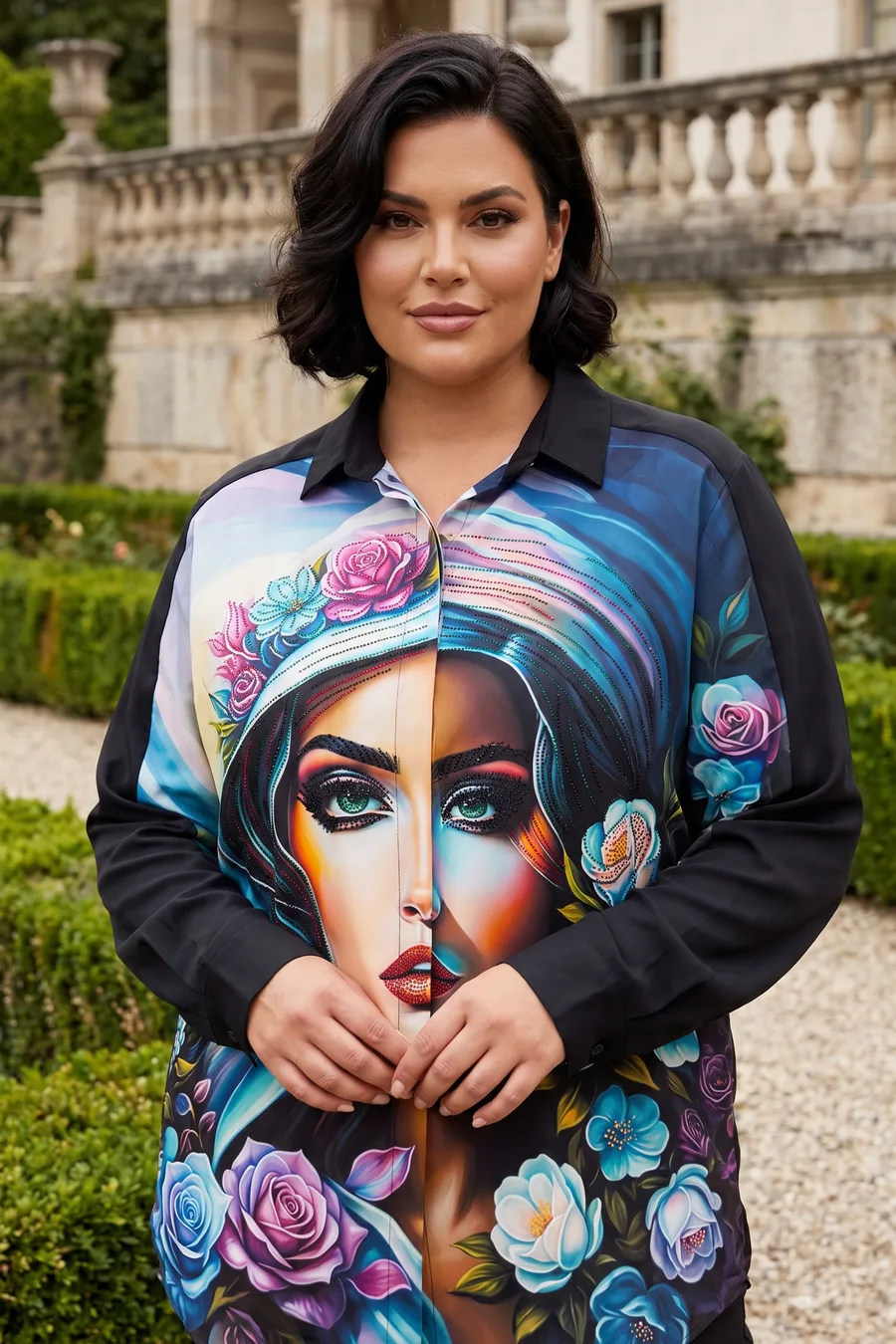 The same shirt on a model in a garden
