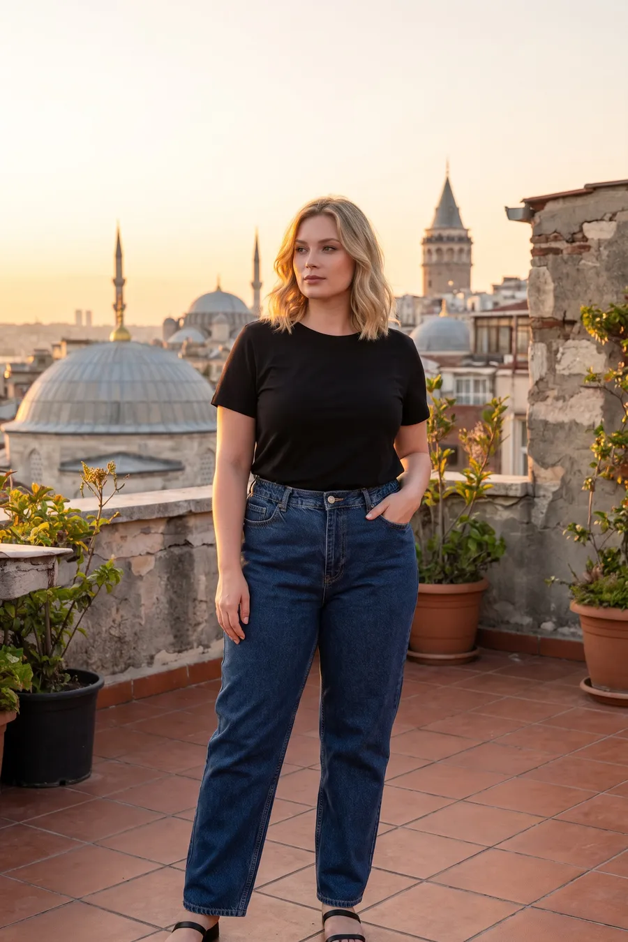 Outfit: T-shirt, jeans and shoes, full length