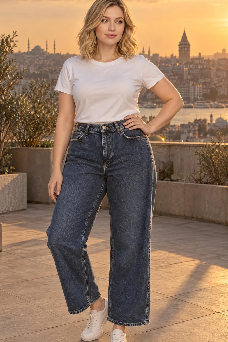 Outfit: T-shirt, jeans and shoes, full length