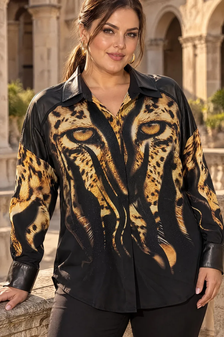 Model in a palace with a black shirt with gold print